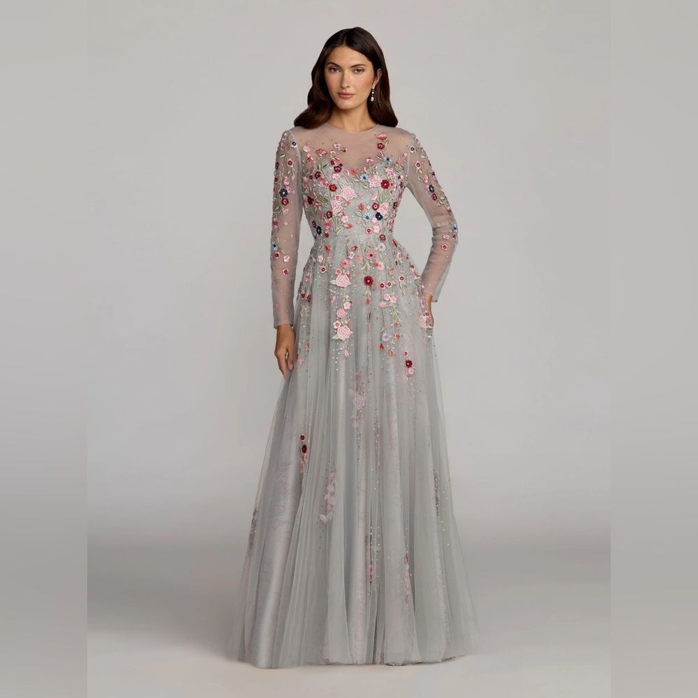 Mac Duggal 11241 Embroidered Illusion High Neck Long Sleeve A Line Gown